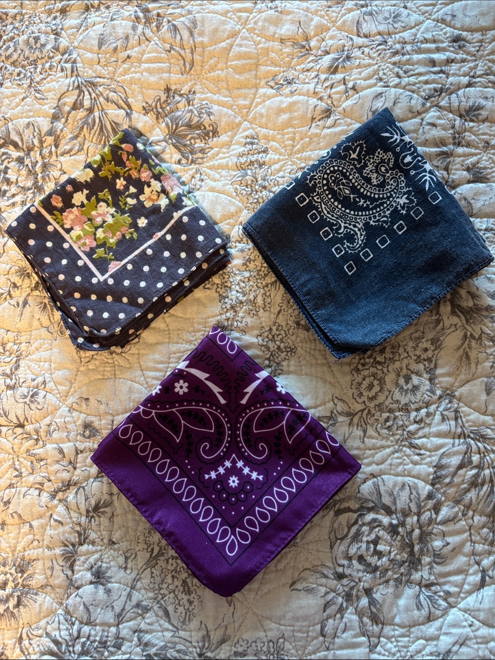 Set of 3 Printed Bandanas — Purple, Navy Floral, Dark Denim